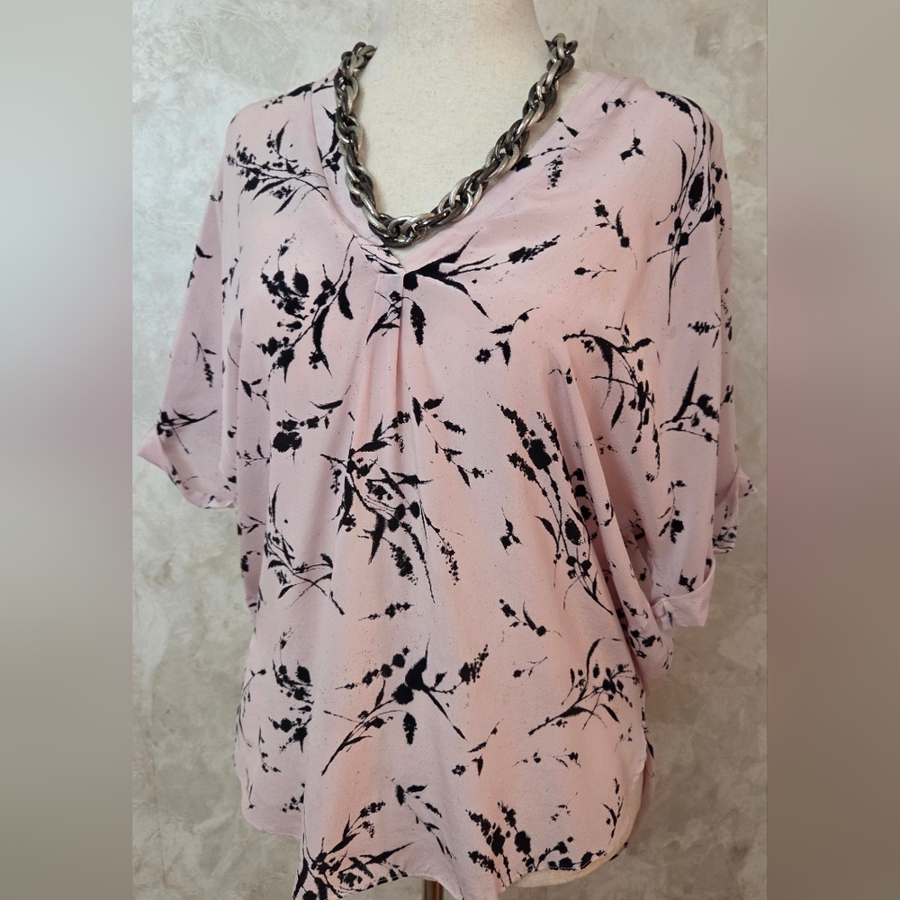 Rebecca Taylor 100% Silk Blush Pink Floral V-Neck Blouse Size 10